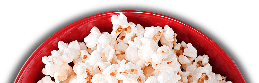 A red bowl of popcorn.